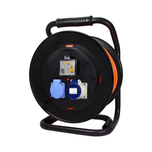 תוף כבל מאריך תעשייתי 40 מ' 3X2.5mm² בידוד כפול 2 שקעים CEE 3x16A  ח”א+פחת ותקע יצוק